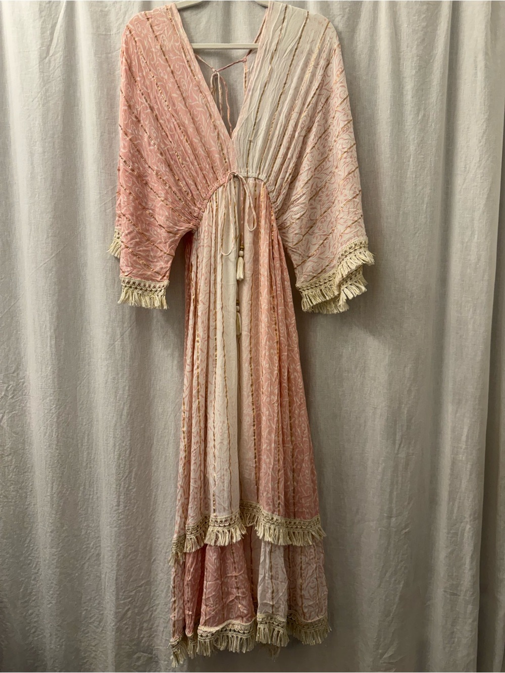 ZURY BOHO Metallic Thread Tassel-Trim Ombre Pink Cream Kaftan Maxi Free Size